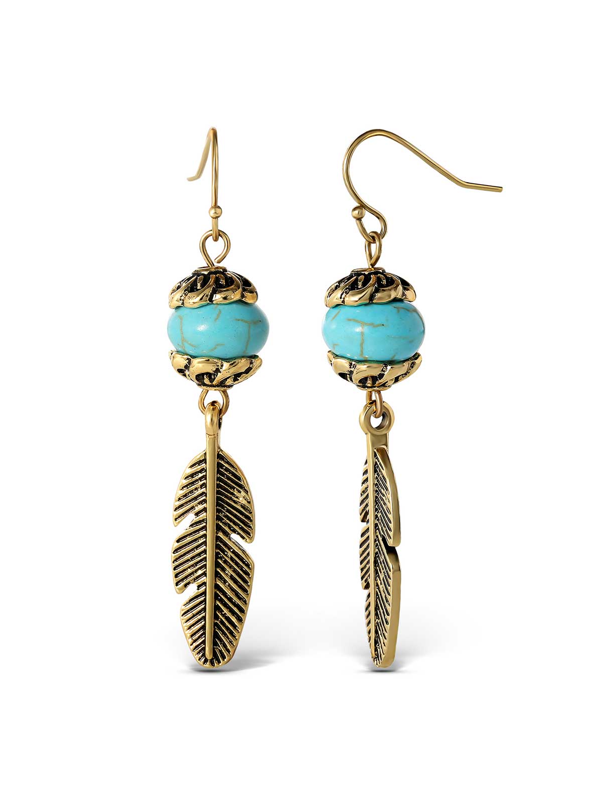 Turquoise Bead Feather Drop Earrings in Gold - Jessica Simpson Accessories