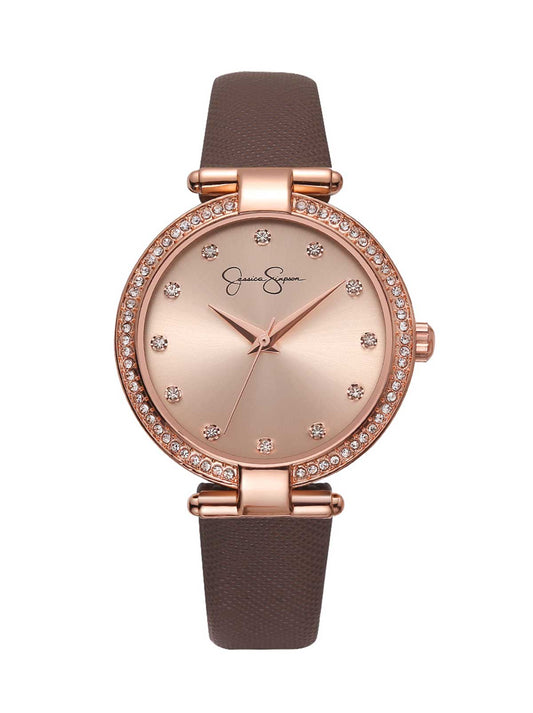 Crystal Bezel Brown Strap Watch in Rose Gold Tone - Jessica Simpson Accessories