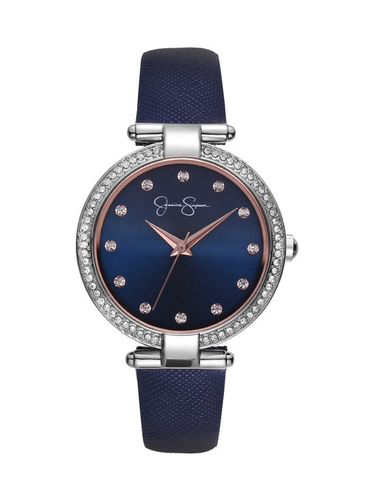 Crystal Bezel Navy Strap Watch in Silver Tone - Jessica Simpson Accessories