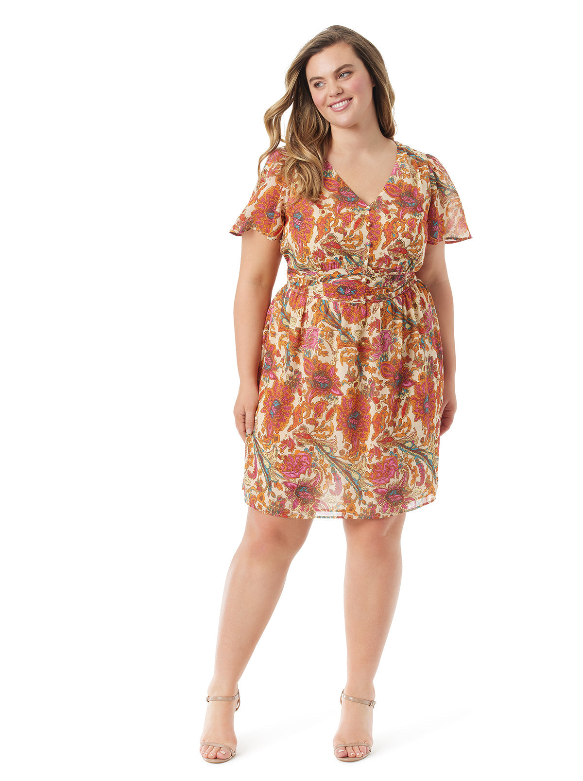Vilma Button Front Dress in Apricot Sherbet Paisley - Jessica Simpson Women