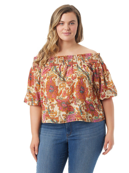 Rosiya Off Shoulder Top in Apricot Sherbet Paisley - Jessica Simpson Women