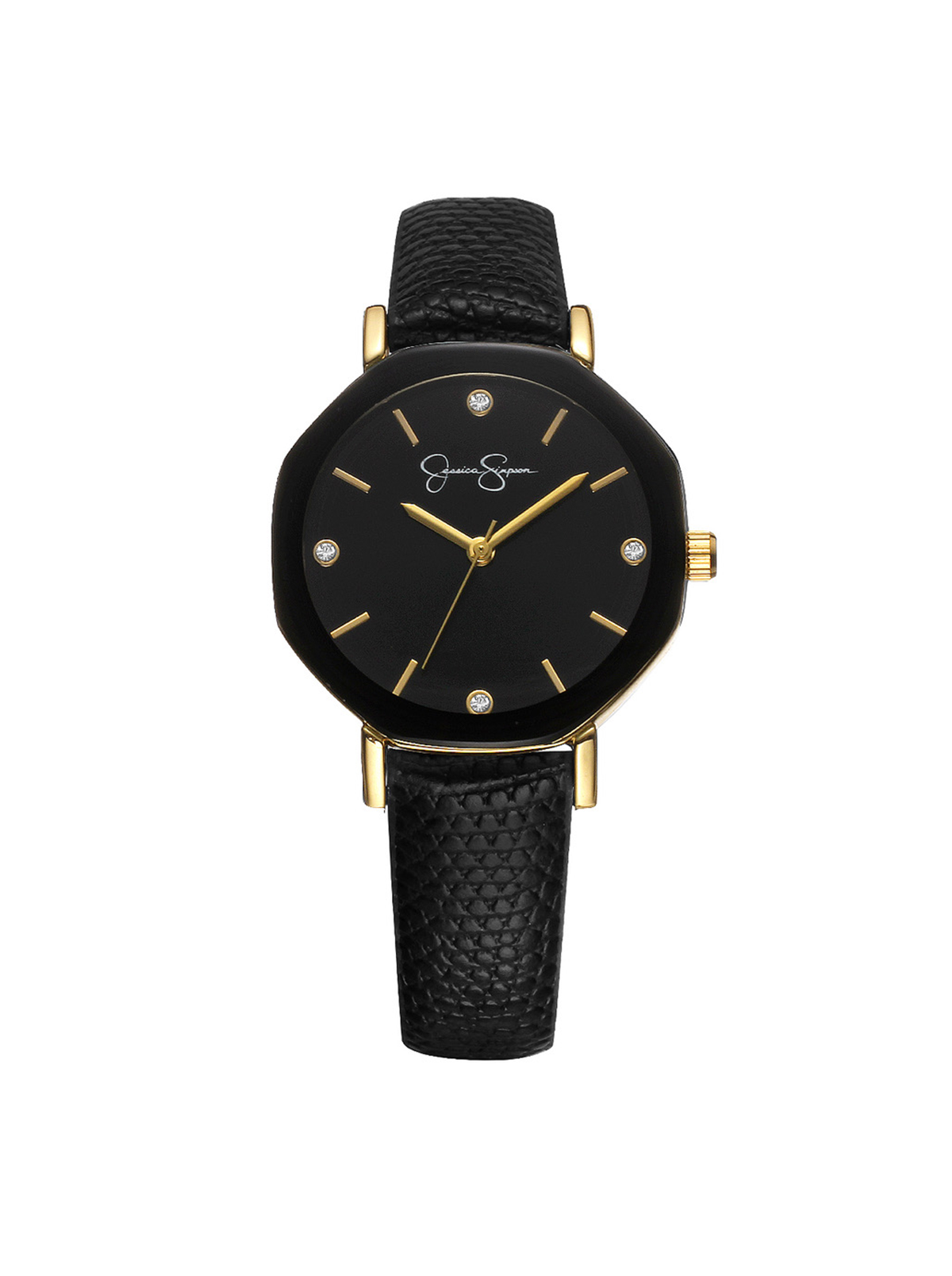 Metallized Bezel Strap Watch in Black & Gold Tone - Jessica Simpson Accessories