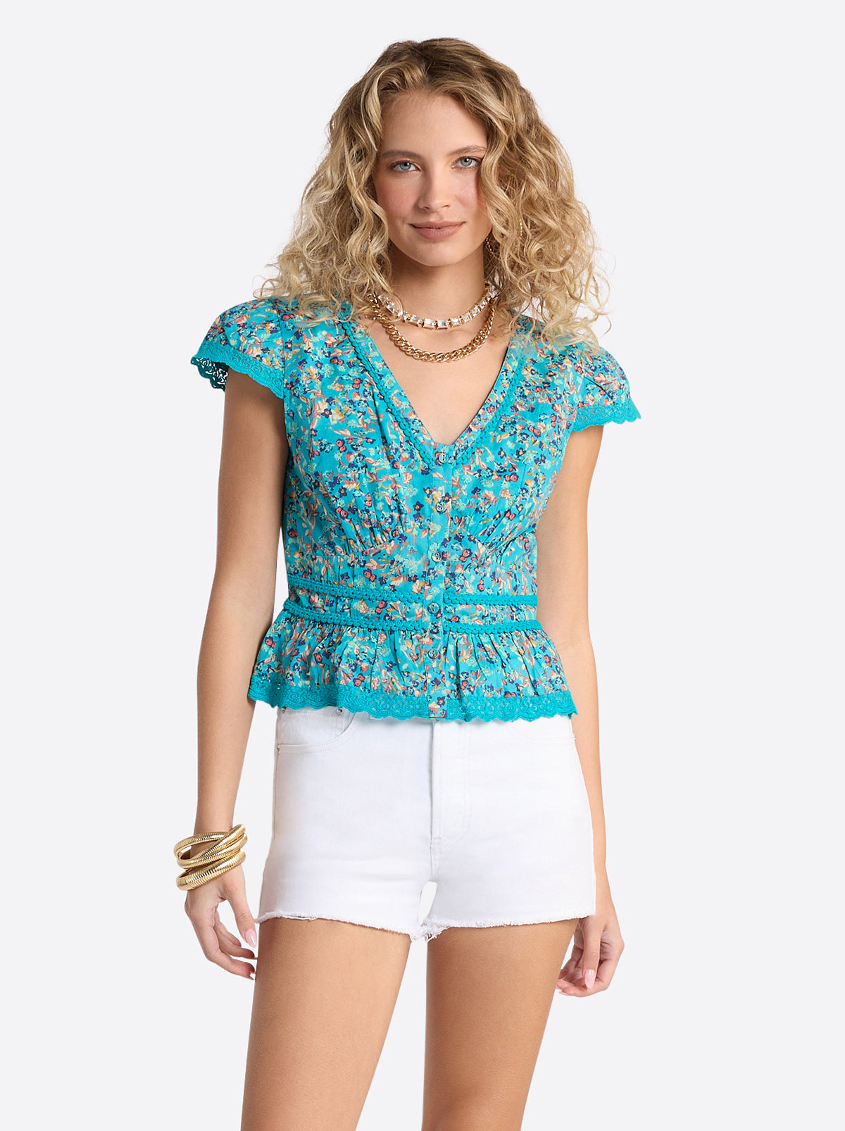 Alessia Blouse in Tile Blue Acrylic Ditsy - Jessica Simpson Women