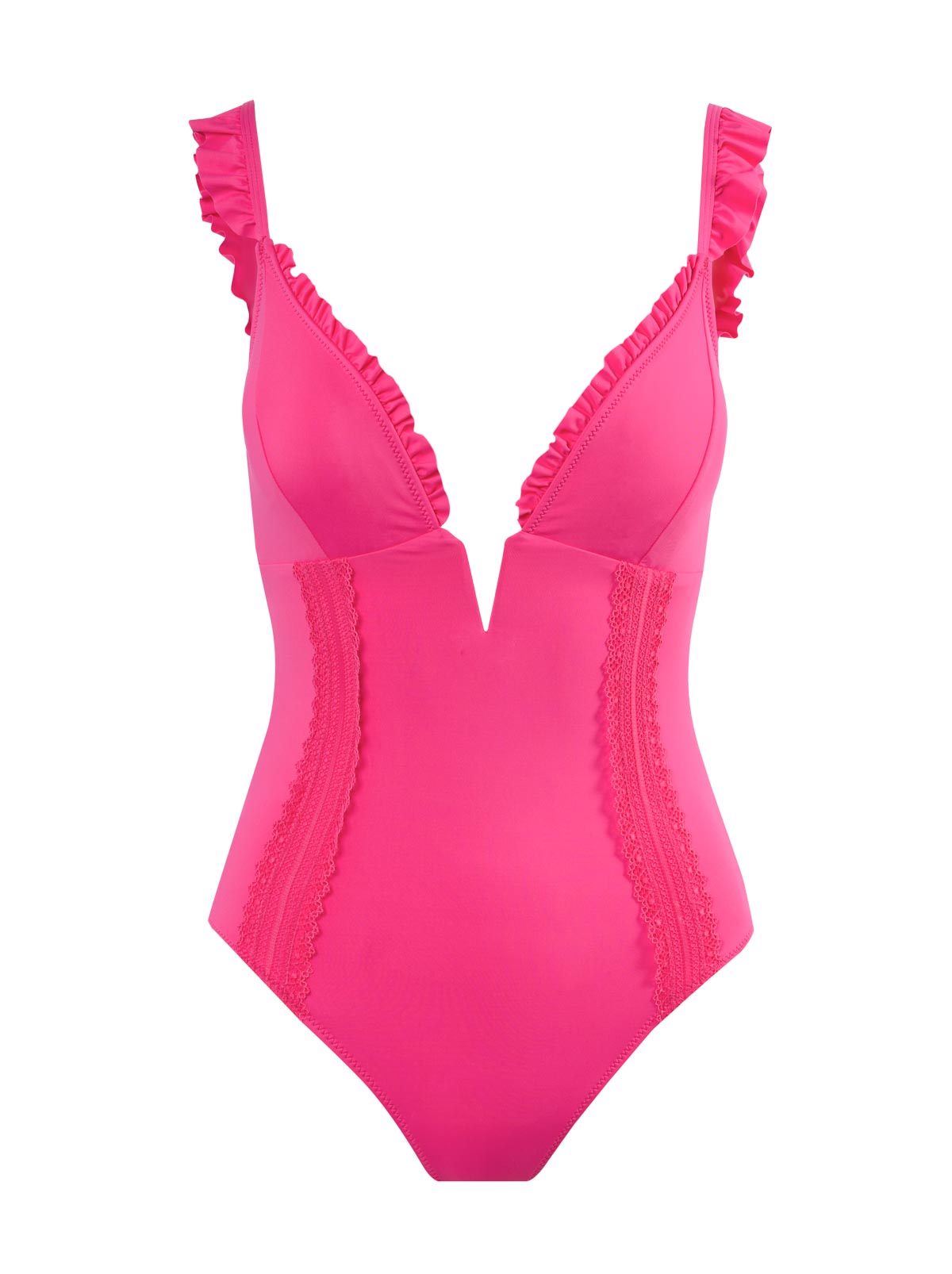 Solids Ruffle Plunge One Piece in Hot Pink - Jessica Simpson Women
